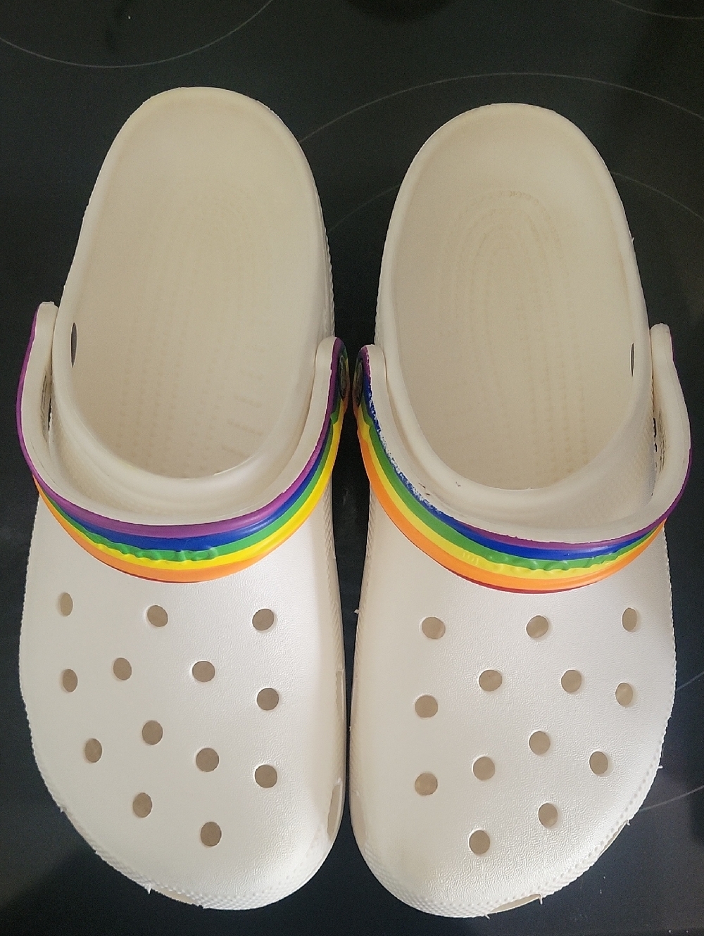 White Clog Sandals with Rainbow Strap